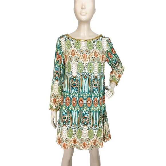 Pom-Pom Fringe Trim Retro Art Deco V-Back Boho Tunic Dress Size Small - Picture 2 of 6